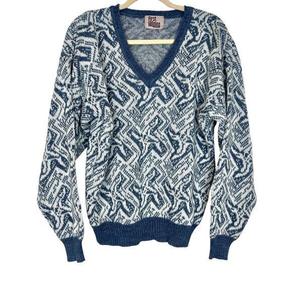 Vintage Other - First Landing Sweater Mens Large Blue Abstract Wool V Neck Pullover Knit Vintage